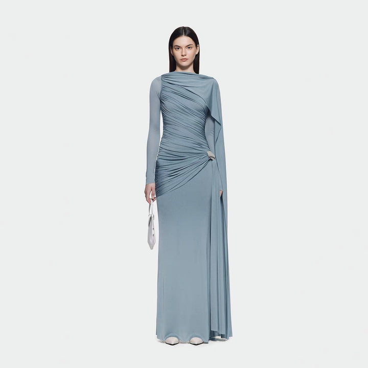 Solid color pleated asymmetrical minimalist slim fit dress