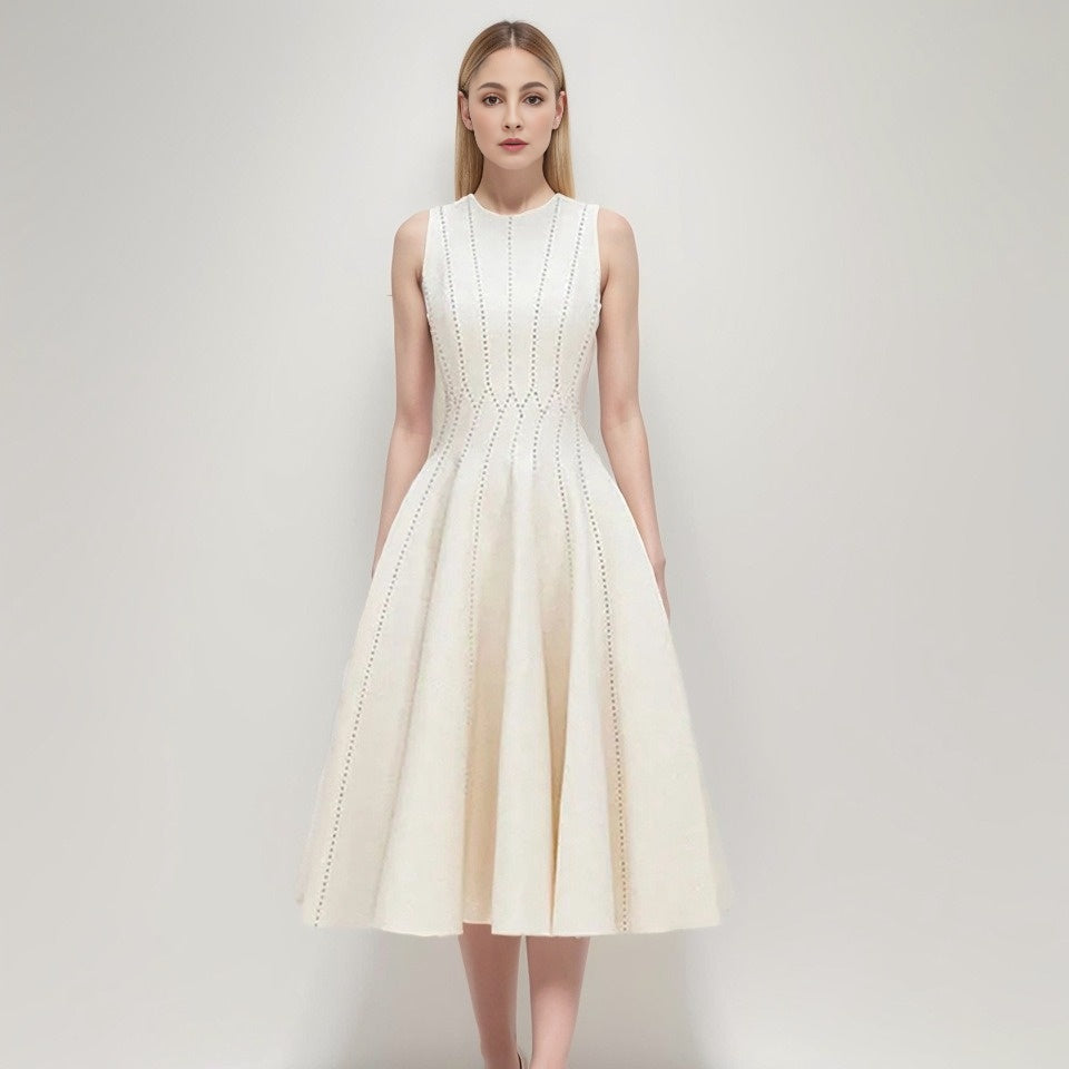 French high-end three-dimensional voluminous waist cinched long skirt with striped temperament slimming sleeveless dress