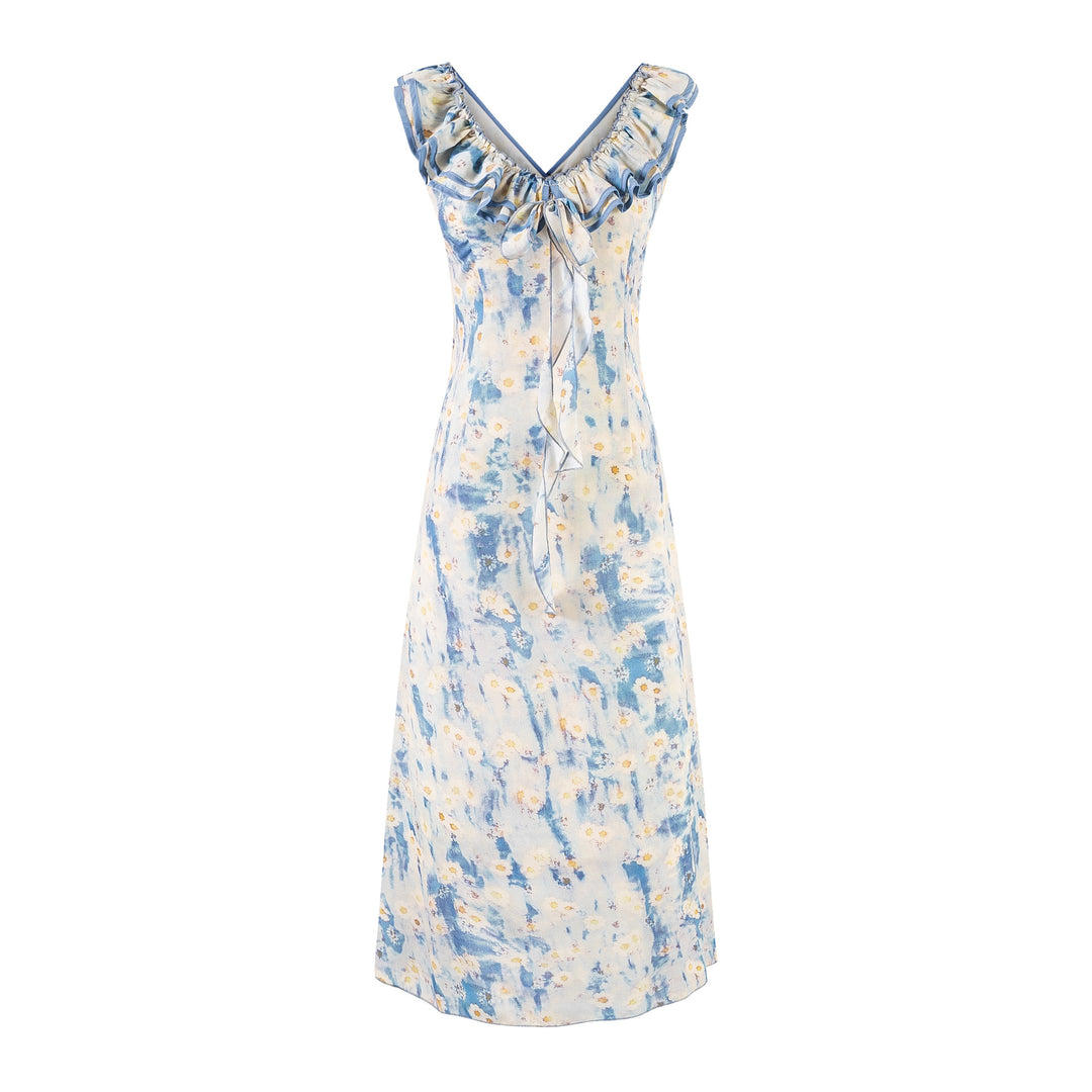 V-neck ruffled ribbon dress