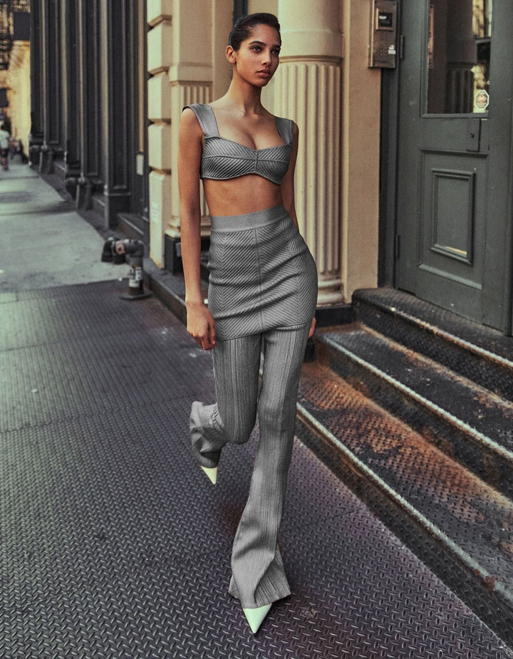 Tank Top Pants Two Piece Set Camisole Stretch Knit Flare Pants Bandage Crop Tops Full Length Pants Suit New High Quality