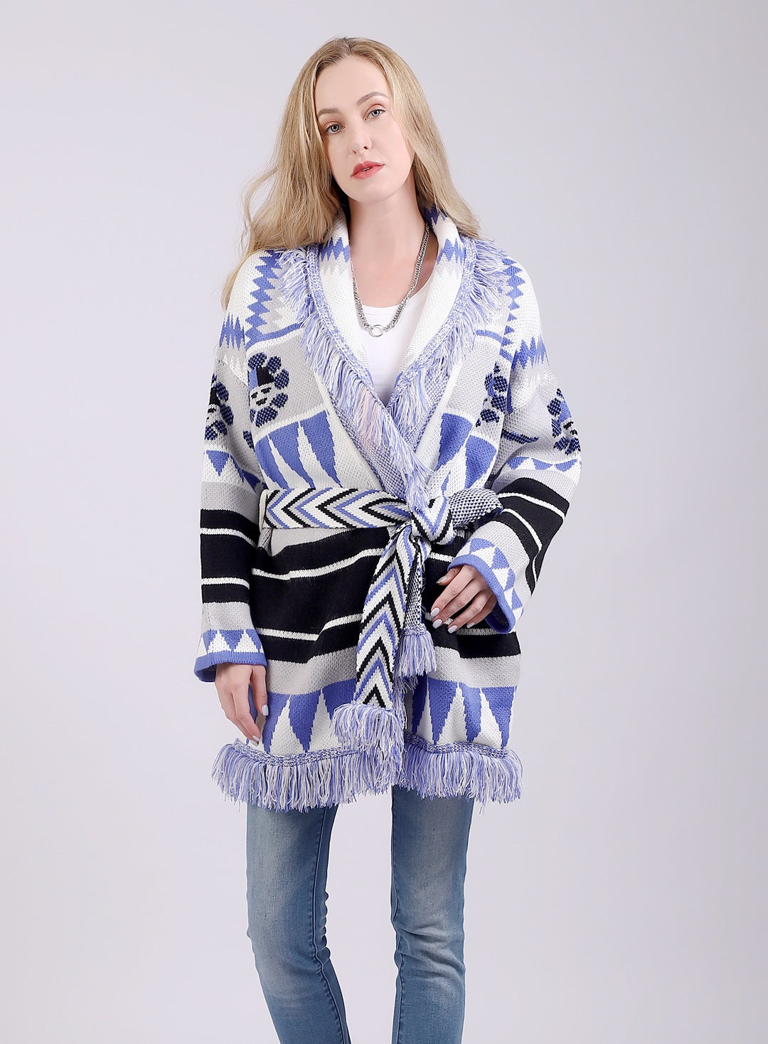 Autumn And Winter Medium Long Jacquard Sweater Coat Loose Thickened Vintage Wool Blended Knitting Cardigan