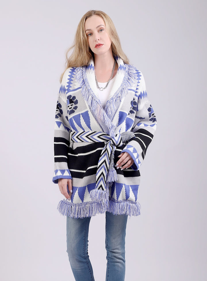 Autumn And Winter Medium Long Jacquard Sweater Coat Loose Thickened Vintage Wool Blended Knitting Cardigan