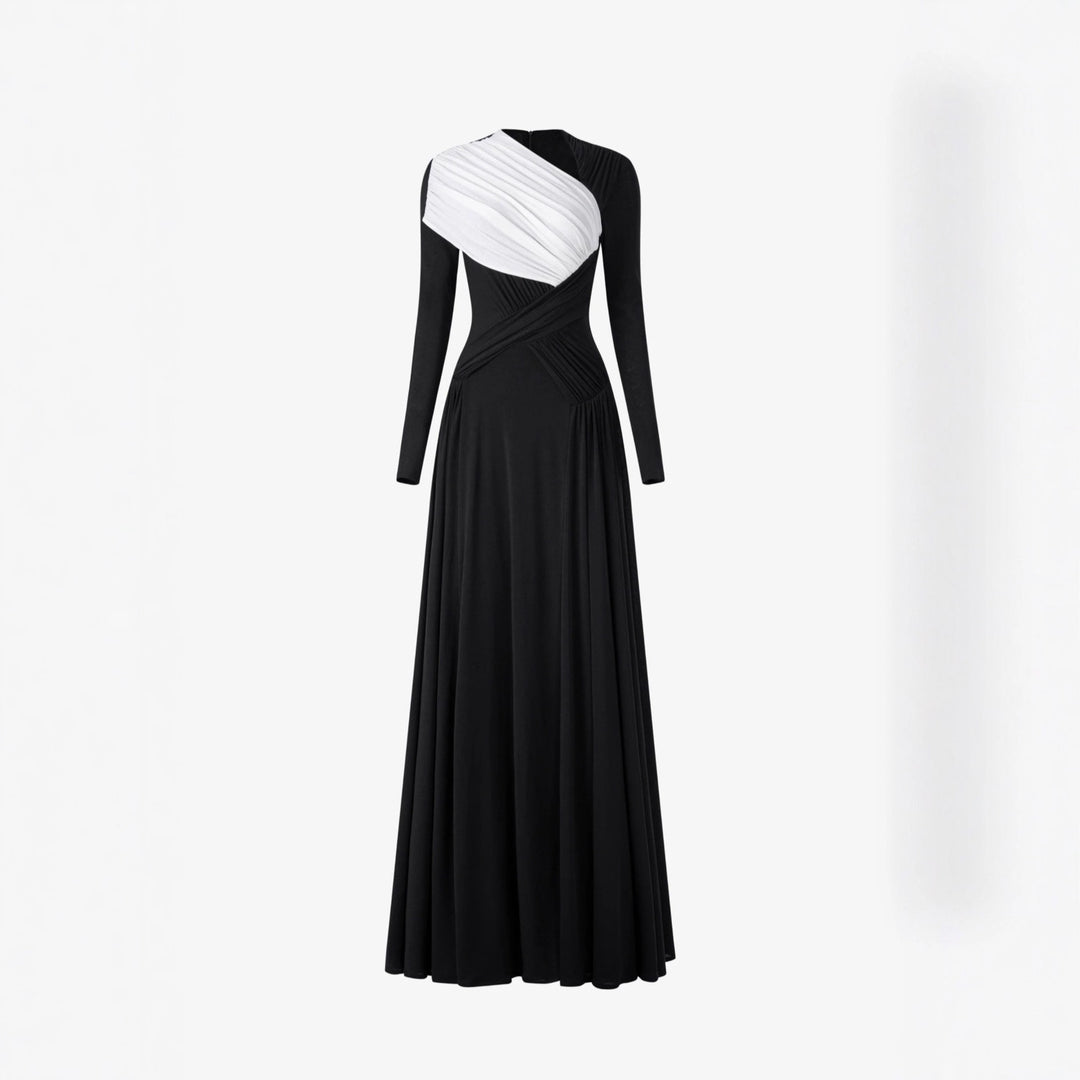 Pleated Long Sleeve Maxi Dress with Unique Design, Floor-Length Formal Gown