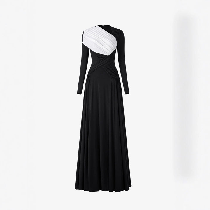 Pleated Long Sleeve Maxi Dress with Unique Design, Floor-Length Formal Gown