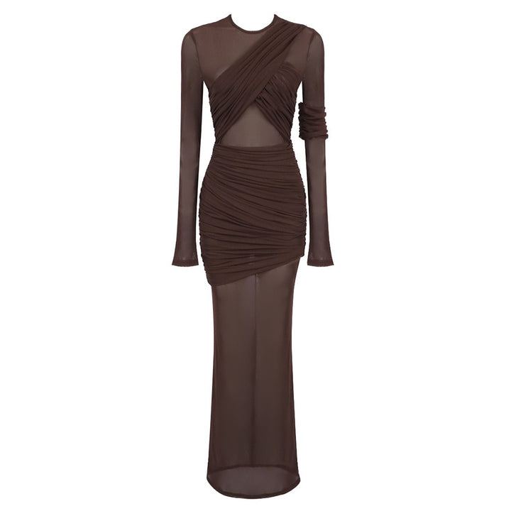 Long skirt mesh transparent sexy slim fit pleated dress