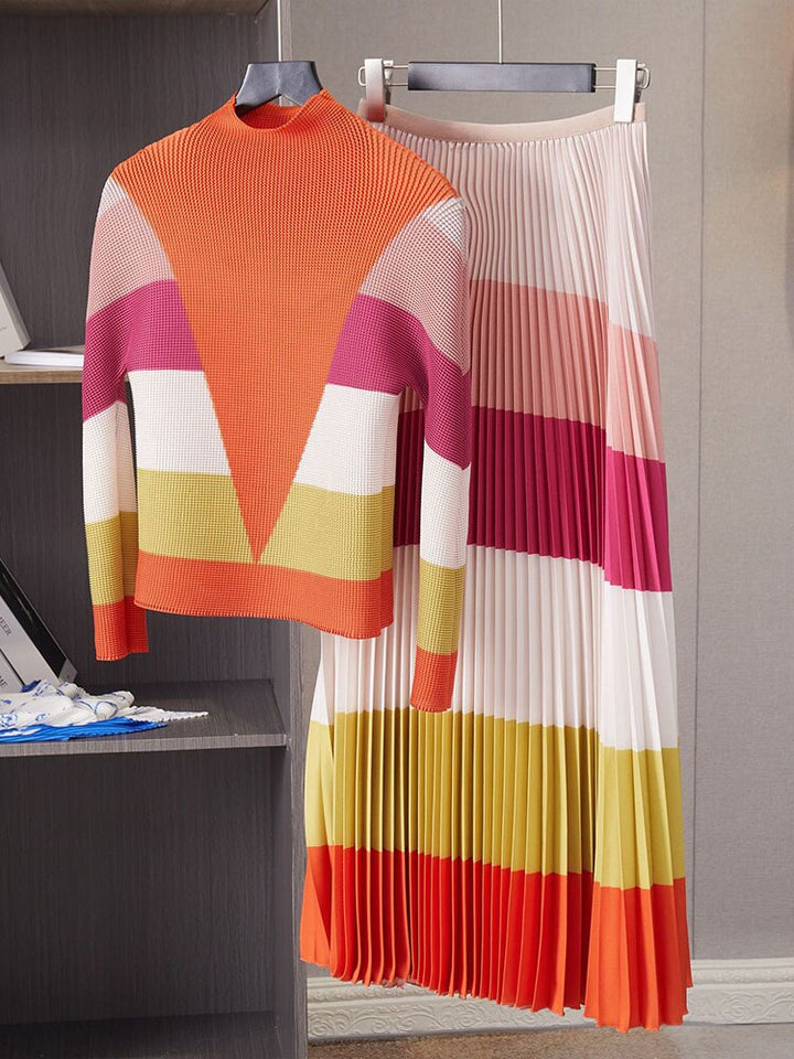 Pleated 2 Pieces Set For Women Spring New Color Block Half High Collar Tops And Elastic Waist Skirts Female