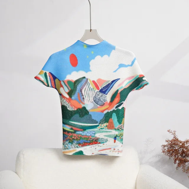 Summer High End Fashion Versatile Short Sleeve T-shirt New Print Pleated Top+Long Pleated Half Skirt Ins Fashion