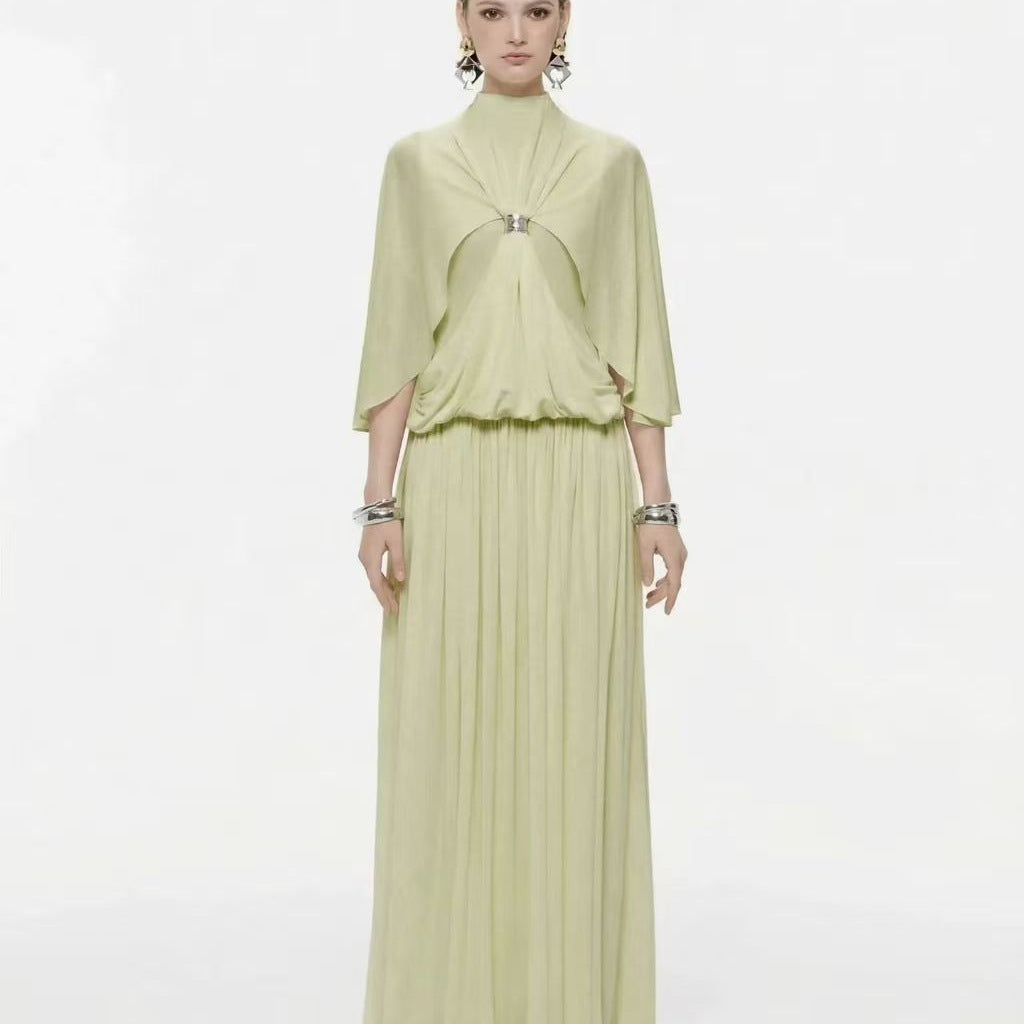 Silver button pleated cloak long skirt formal dress