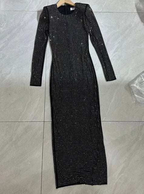 Green Sequined Beaded Party Dress Women Blingbling Bodycon Long Sleeve Long Dress