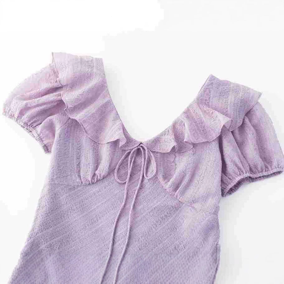 V-Neck Bubble Sleeve Purple Dress Vacation Long Dress for Women