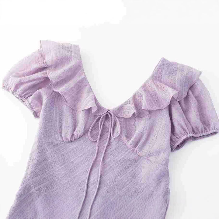 V-Neck Bubble Sleeve Purple Dress Vacation Long Dress for Women