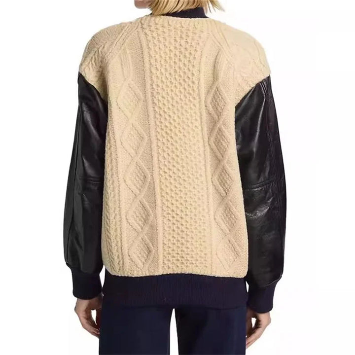 New in Korean Fashion Contrast Knit Panel down coats Wool blend long sleeved top Warm thick coat
