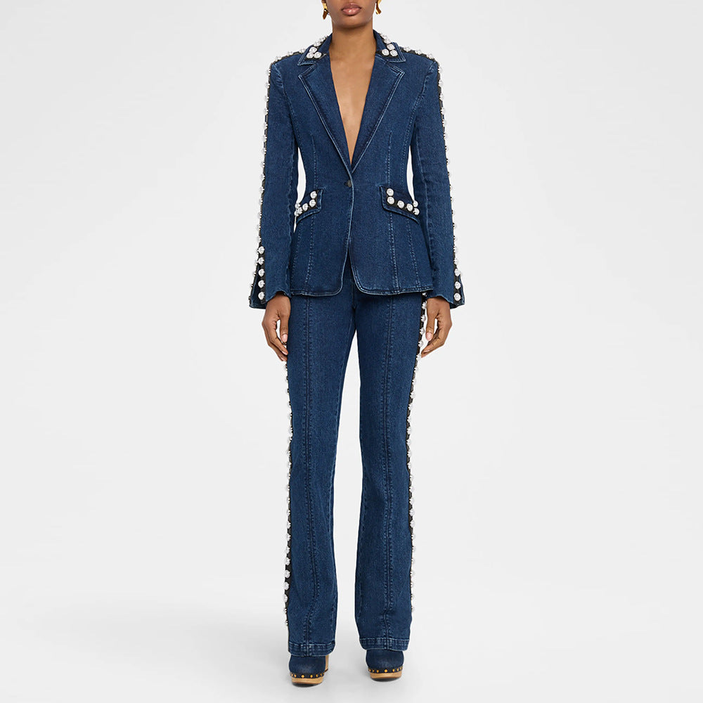 Fashionable Embroidered Washed Denim Jacket and Pants Two-Piece Set