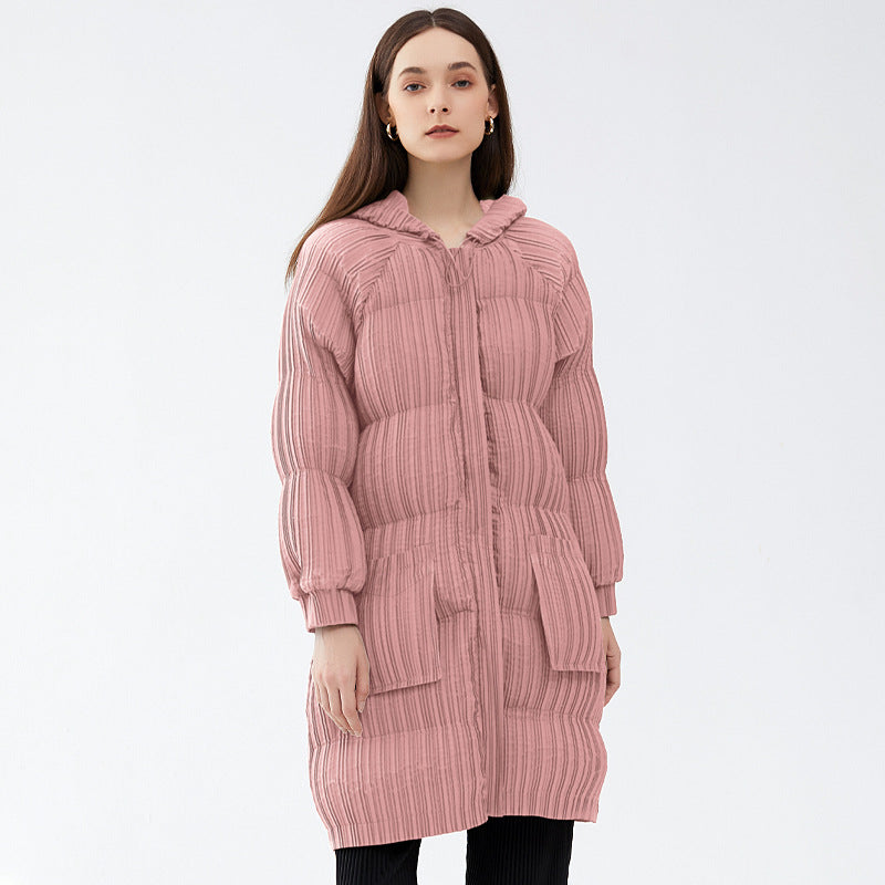 Long Plush Hooded Puffer Jacket for Women - Slimming Warm Cotton-Padded Parka with Pleated Design