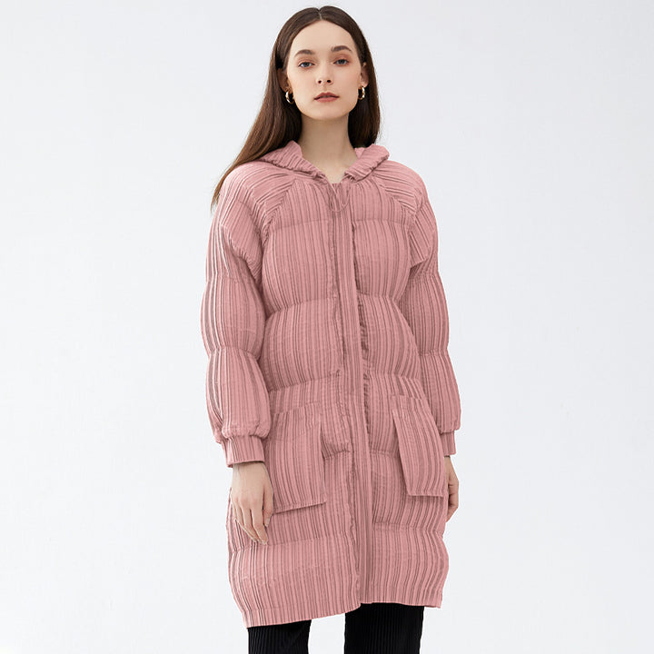 Long Plush Hooded Puffer Jacket for Women - Slimming Warm Cotton-Padded Parka with Pleated Design