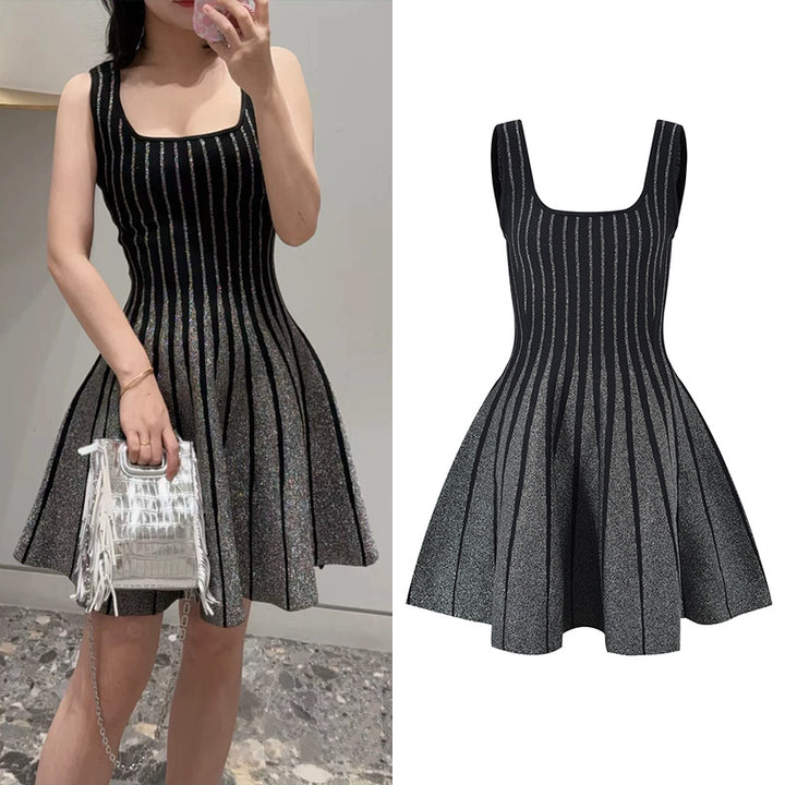 French style socialite contrasting vertical stripes silver sparkling knitted short skirt with suspender dress