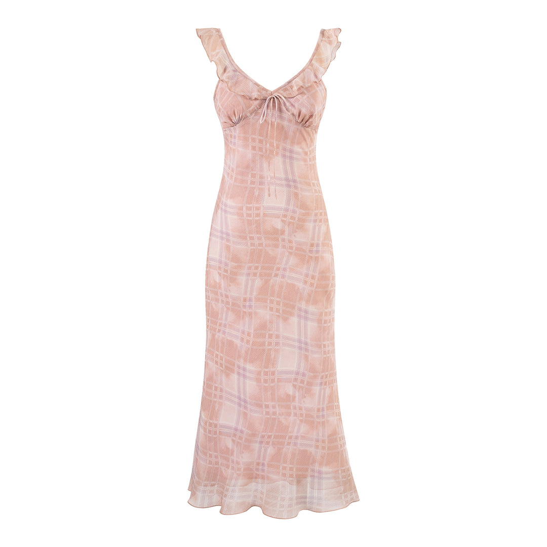 Red Plaid Dress with Flutter Sleeves and Strap Long Skirt for Women