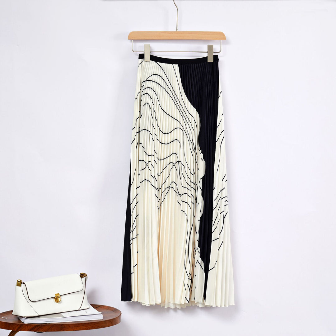 Women Pleated 2-Piece Fashion Printing High Elastic Slim Fit Long Sleeve Top+High Waist Versatile Loose Pleated Half Dress Summer