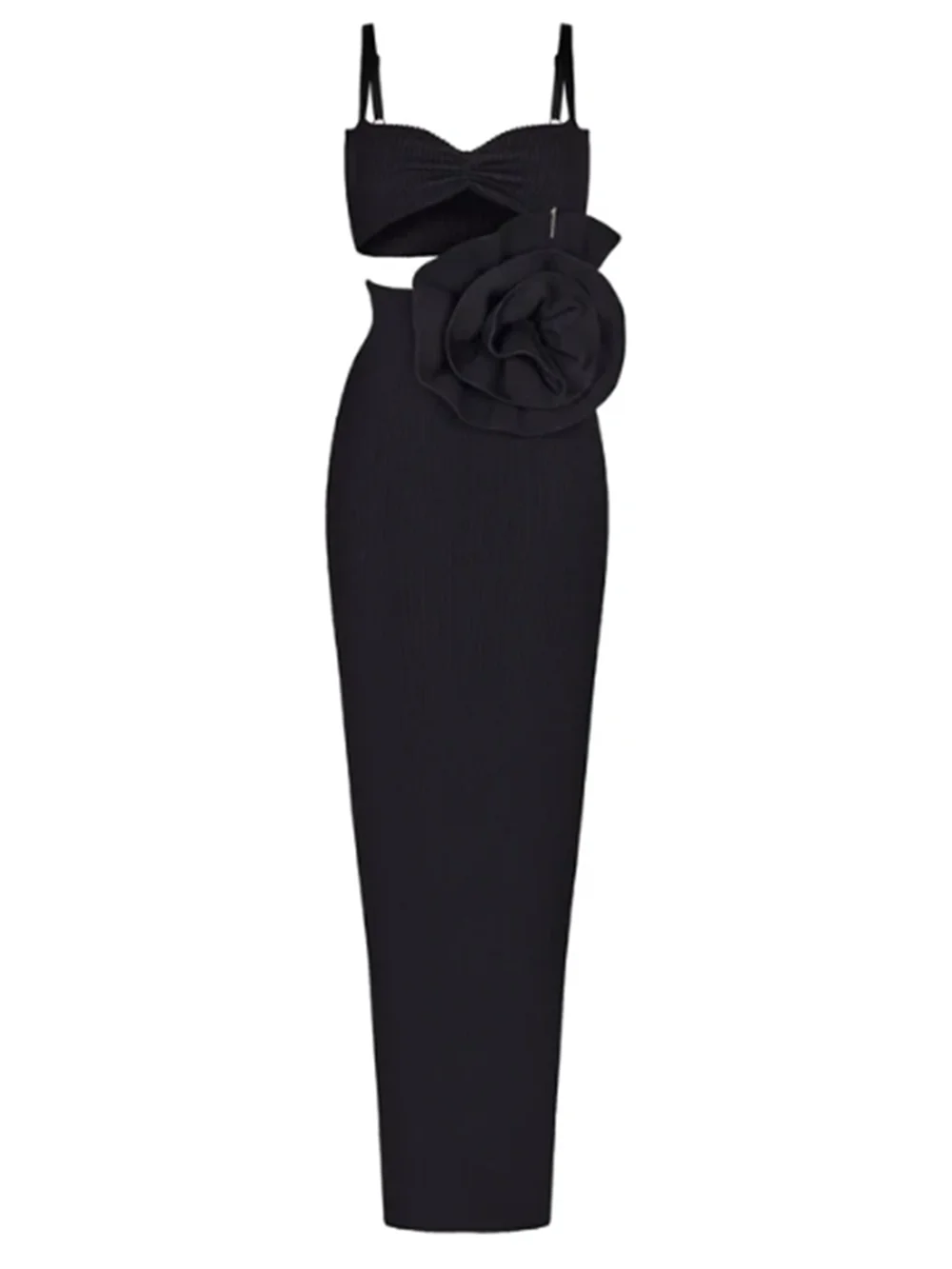 Women Hollow Out 3D Flower Spaghetti Strap Backless Design Celebrity Black Sleeveless Sexy Maxi Bandage Dress Party Gowns