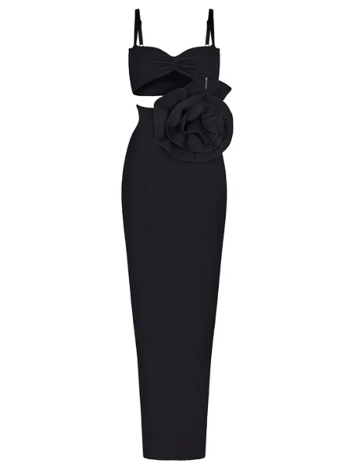 Women Hollow Out 3D Flower Spaghetti Strap Backless Design Celebrity Black Sleeveless Sexy Maxi Bandage Dress Party Gowns