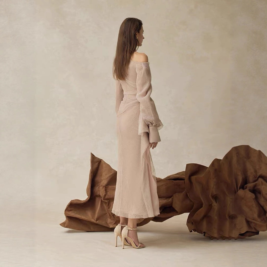 Gentle Style Pleated Long Sleeve Fitted Dress with Asymmetrical Shoulder, Elegant Designer Dress in Khaki