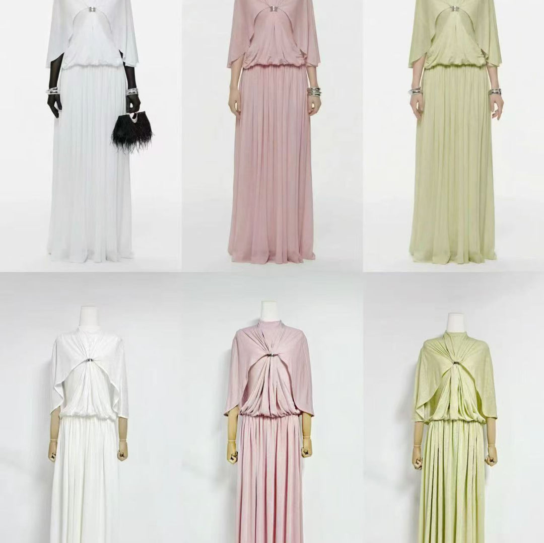 Silver button pleated cloak long skirt formal dress