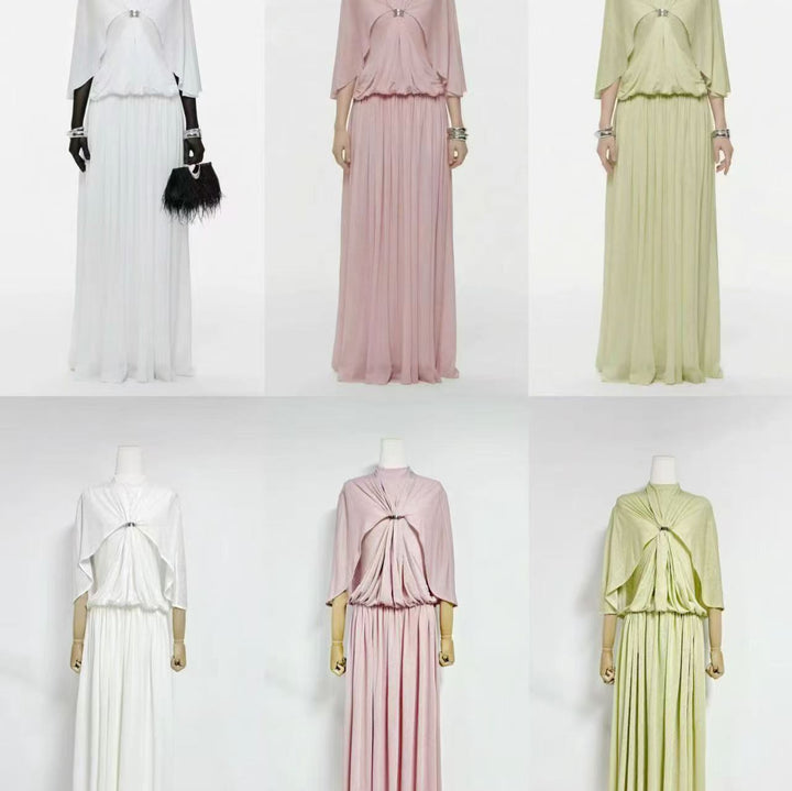 Silver button pleated cloak long skirt formal dress