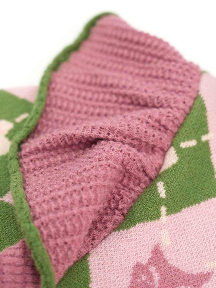 Pink round neck diamond grid long sleeved sweater cat afternoon tea embroidered ruffle edge long sleeved knit