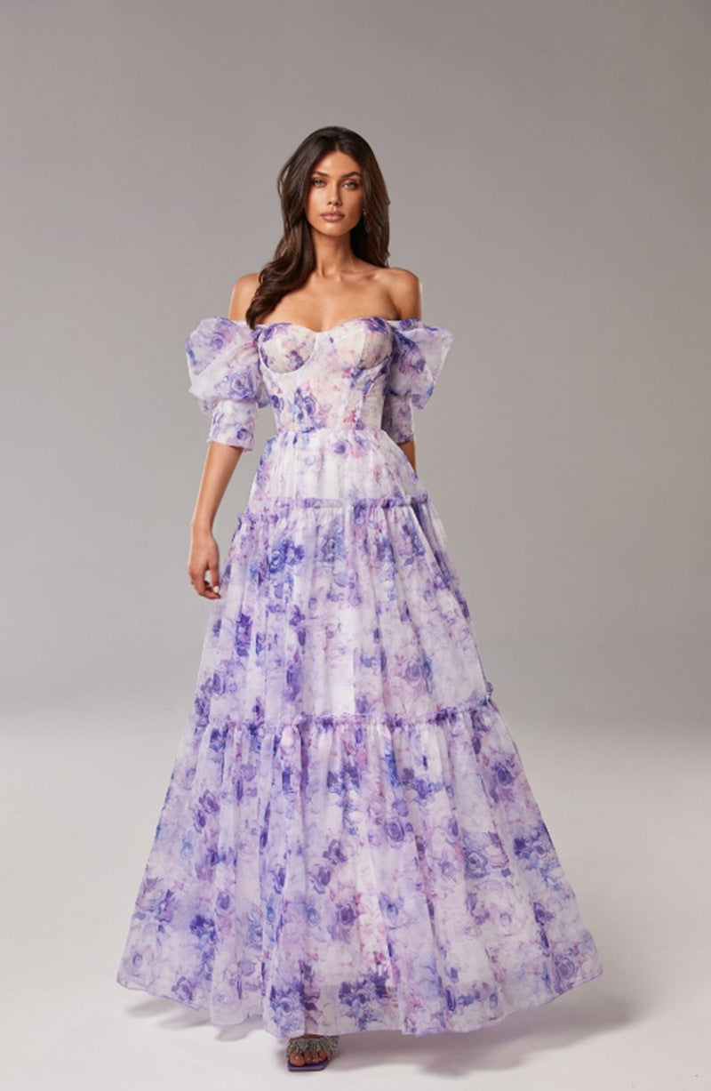 Shoulder-baring Elegant Organza Long Formal Evening Dress for Women Fashionable and Chic Spring/Summer Style