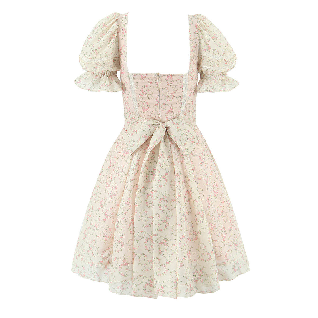 Square neck bubble sleeve dress with waist cinching short skirt