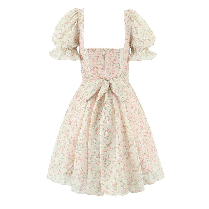 Square neck bubble sleeve dress with waist cinching short skirt