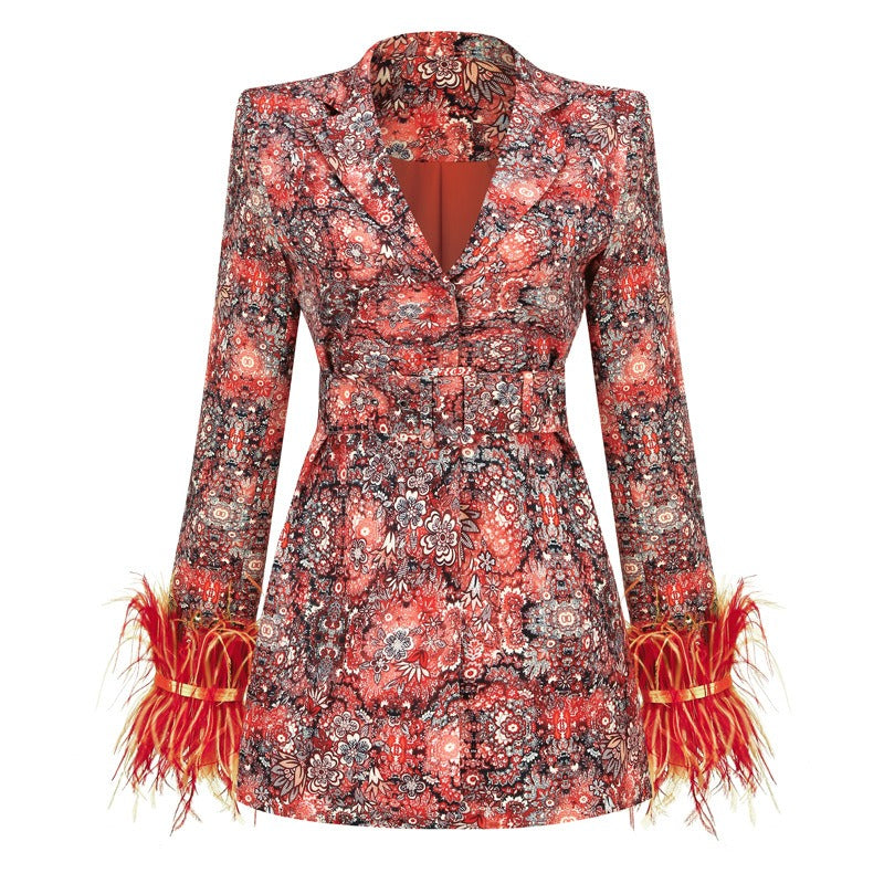 V-neck floral dress with decorative feathers at cuffs, elegant dress