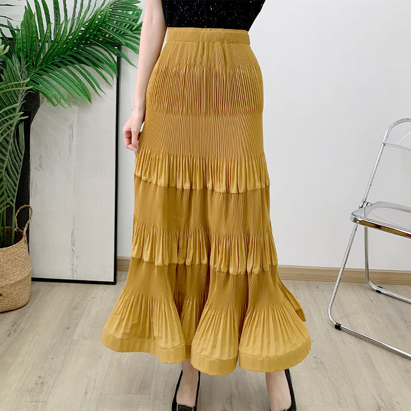 Elastic waist pleated skirt for women&