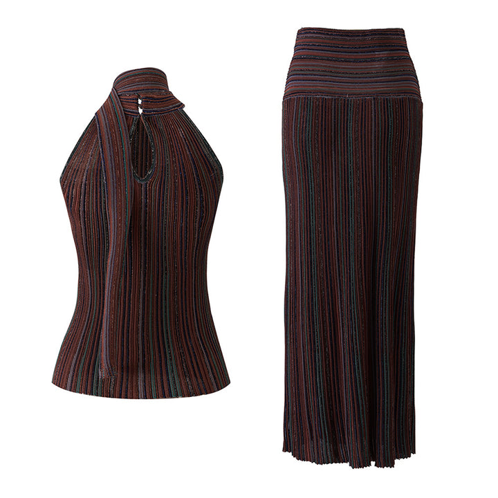 Striped sleeveless vest skirt set