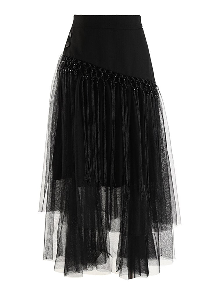 Patchwork Tassels Mesh Skirt For Women High Waist A Line Casual Midi Skirts Female Summer Clothing Style New