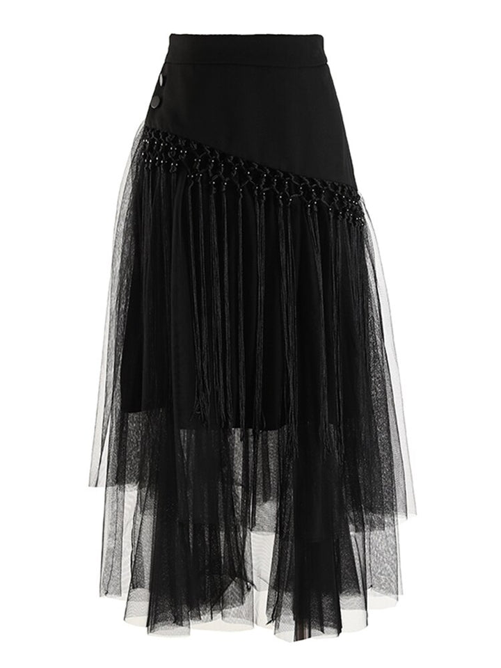 Patchwork Tassels Mesh Skirt For Women High Waist A Line Casual Midi Skirts Female Summer Clothing Style New