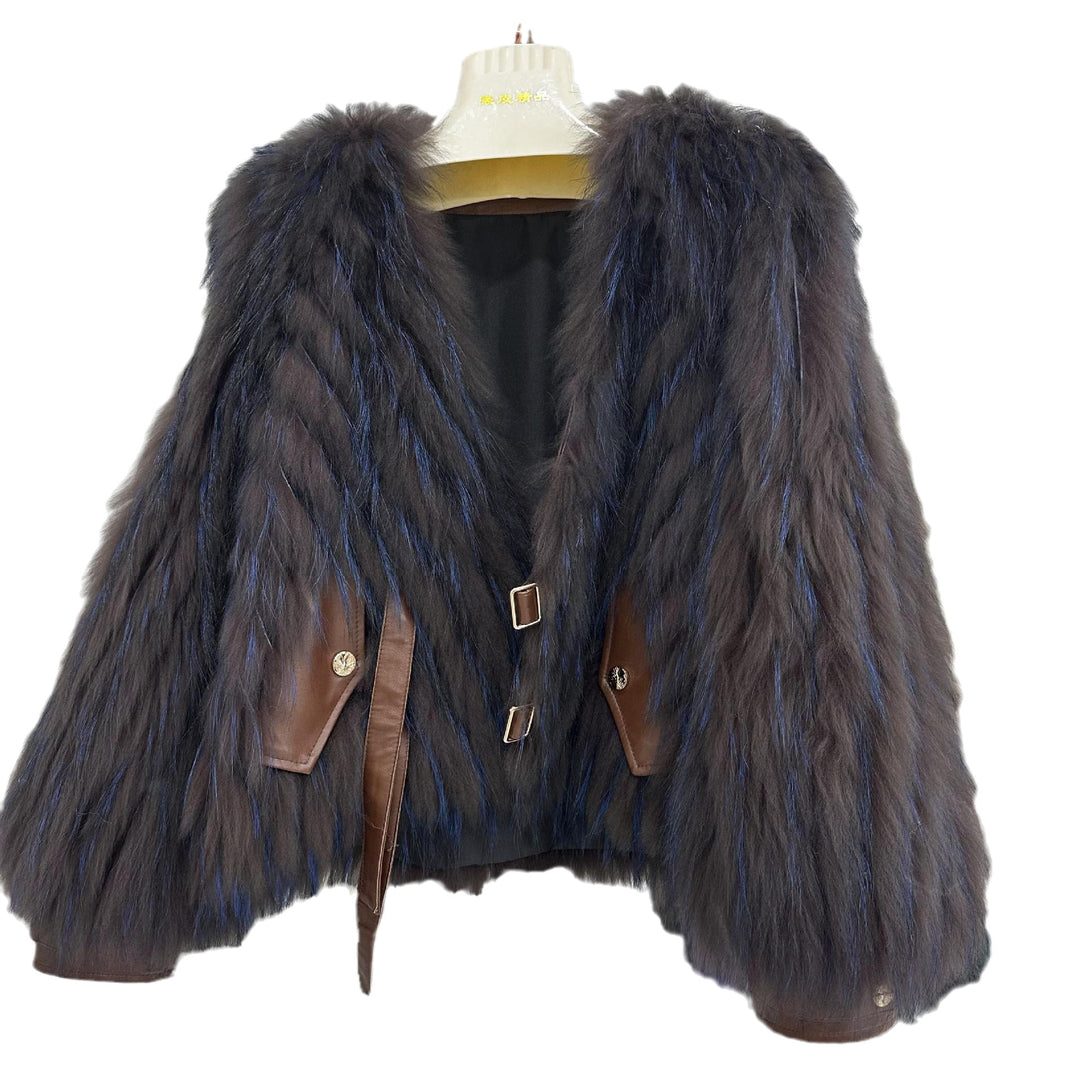 Raccoon fur grass coat, woven with car stripes, women&
