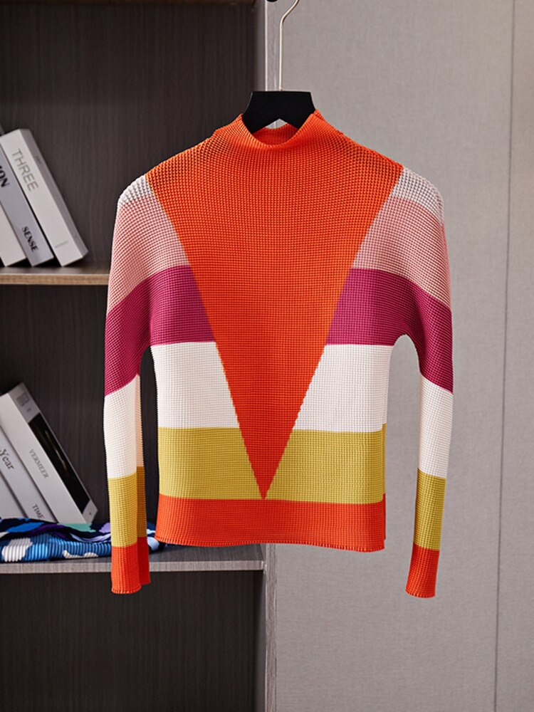 Pleated 2 Pieces Set For Women Spring New Color Block Half High Collar Tops And Elastic Waist Skirts Female