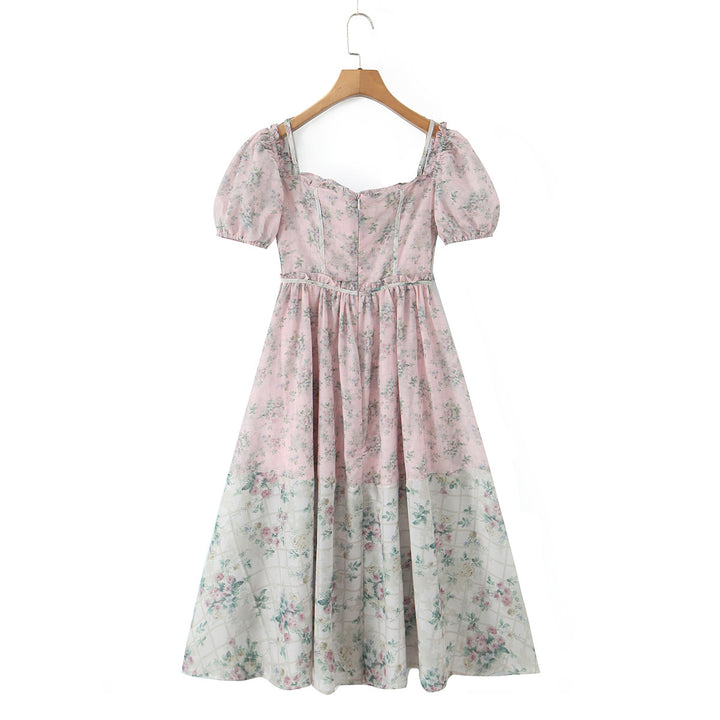 Splicing floral bubble sleeves mid length dress