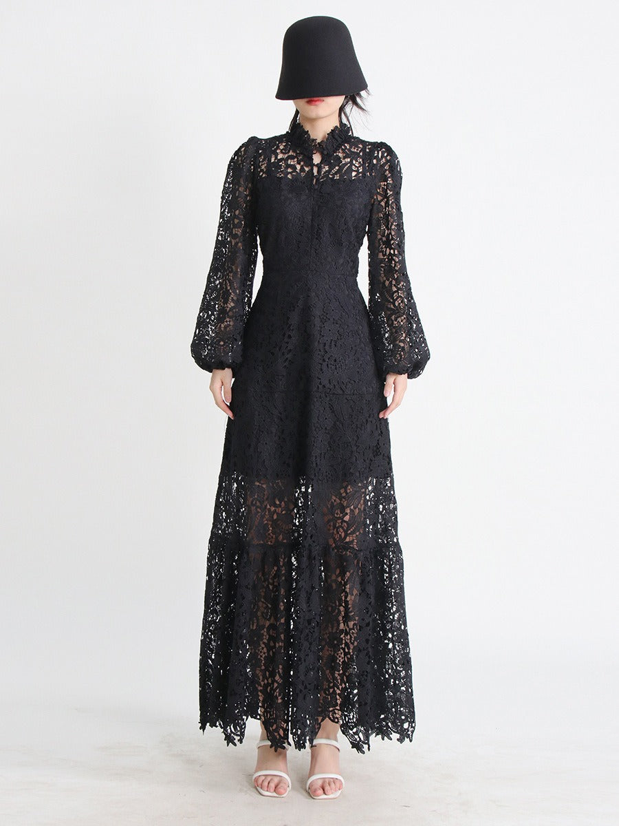 Fashionable lace hollowed out heavy-duty embroidered stand up collar bubble sleeve dress
