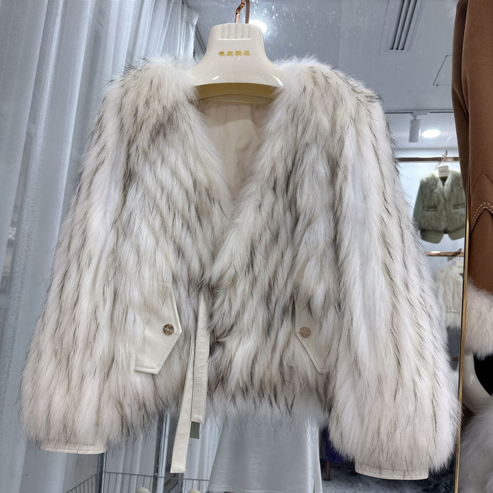Raccoon fur grass coat, woven with car stripes, women&