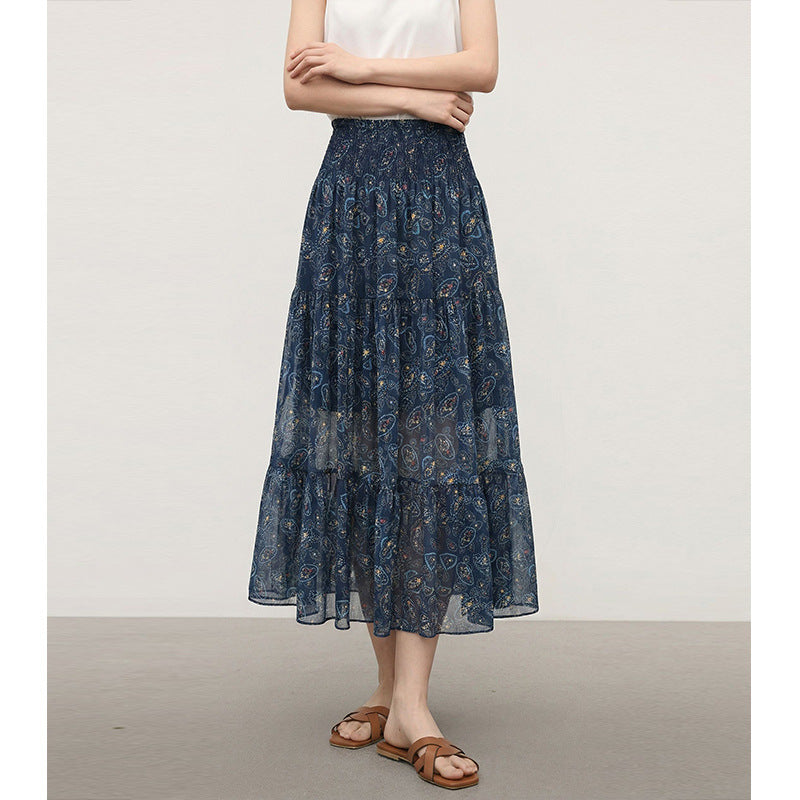 Ethnic Style Summer Outfit Floral Midi Skirt with Elastic Waist