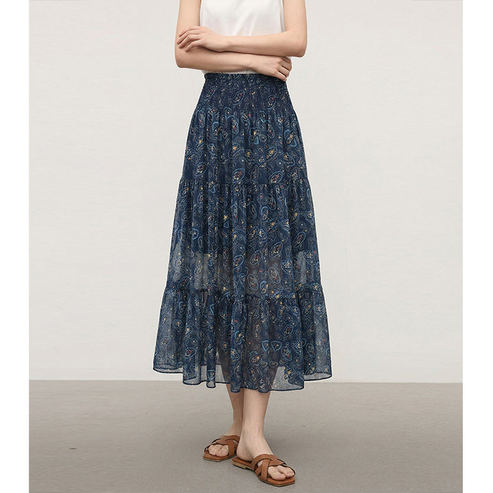 Ethnic Style Summer Outfit Floral Midi Skirt with Elastic Waist