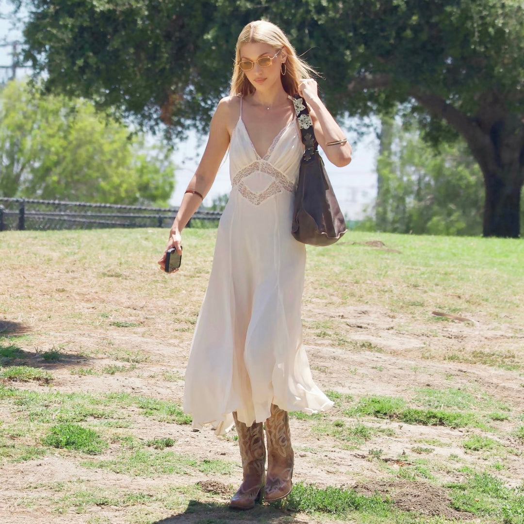 V-neck hollow lace camisole mid length dress