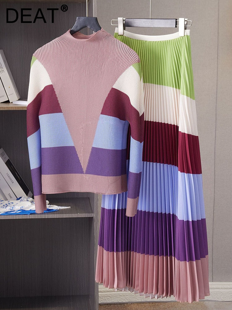 Pleated 2 Pieces Set For Women Spring New Color Block Half High Collar Tops And Elastic Waist Skirts Female