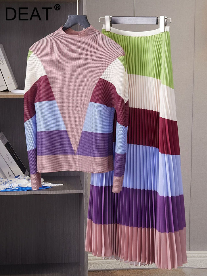 Pleated 2 Pieces Set For Women Spring New Color Block Half High Collar Tops And Elastic Waist Skirts Female