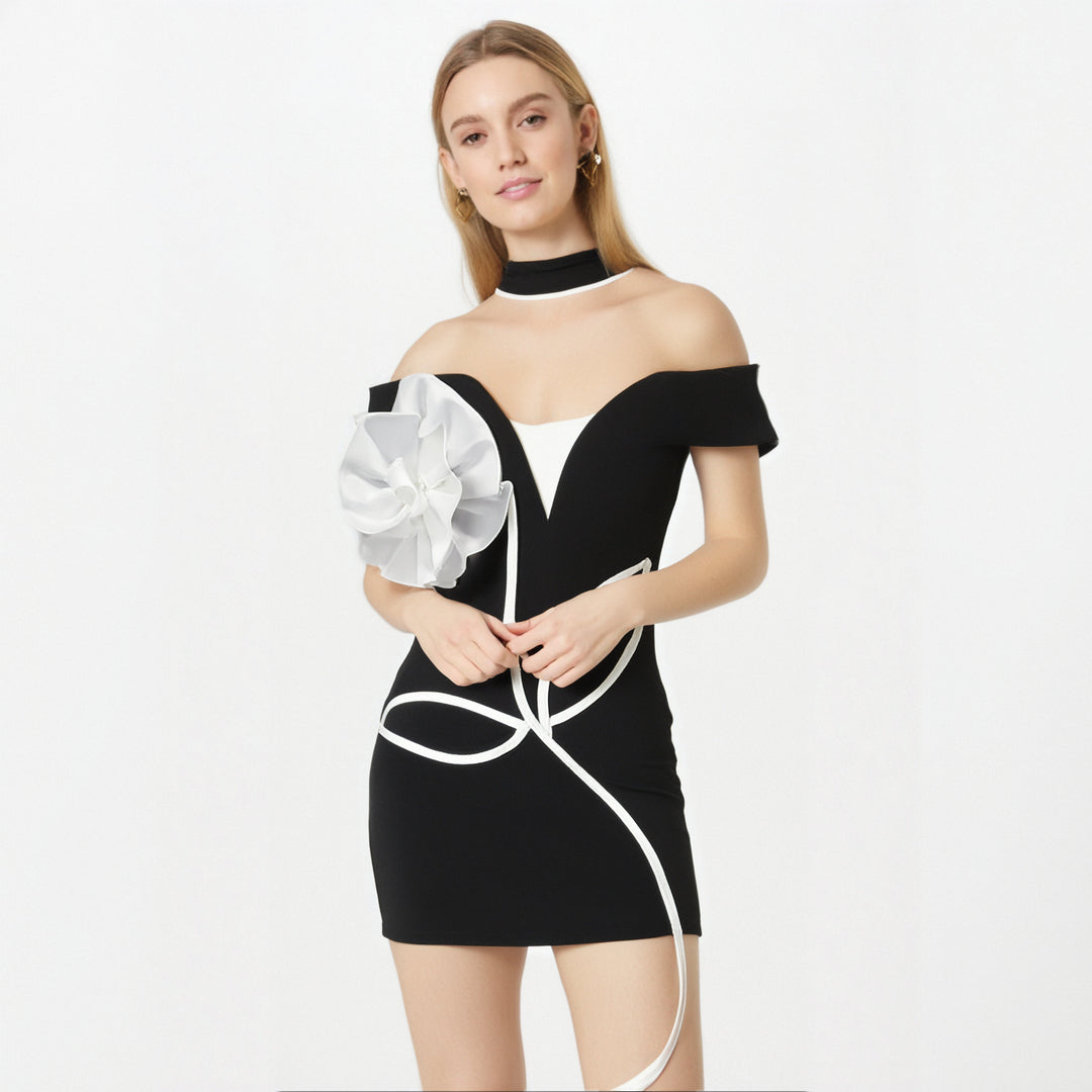 Sexy Off Shoulder 3D Flower Bandage Mini Dress Women Black Bodycon Short Dresses Fashion Cocktail Party Club Lady Vestido
