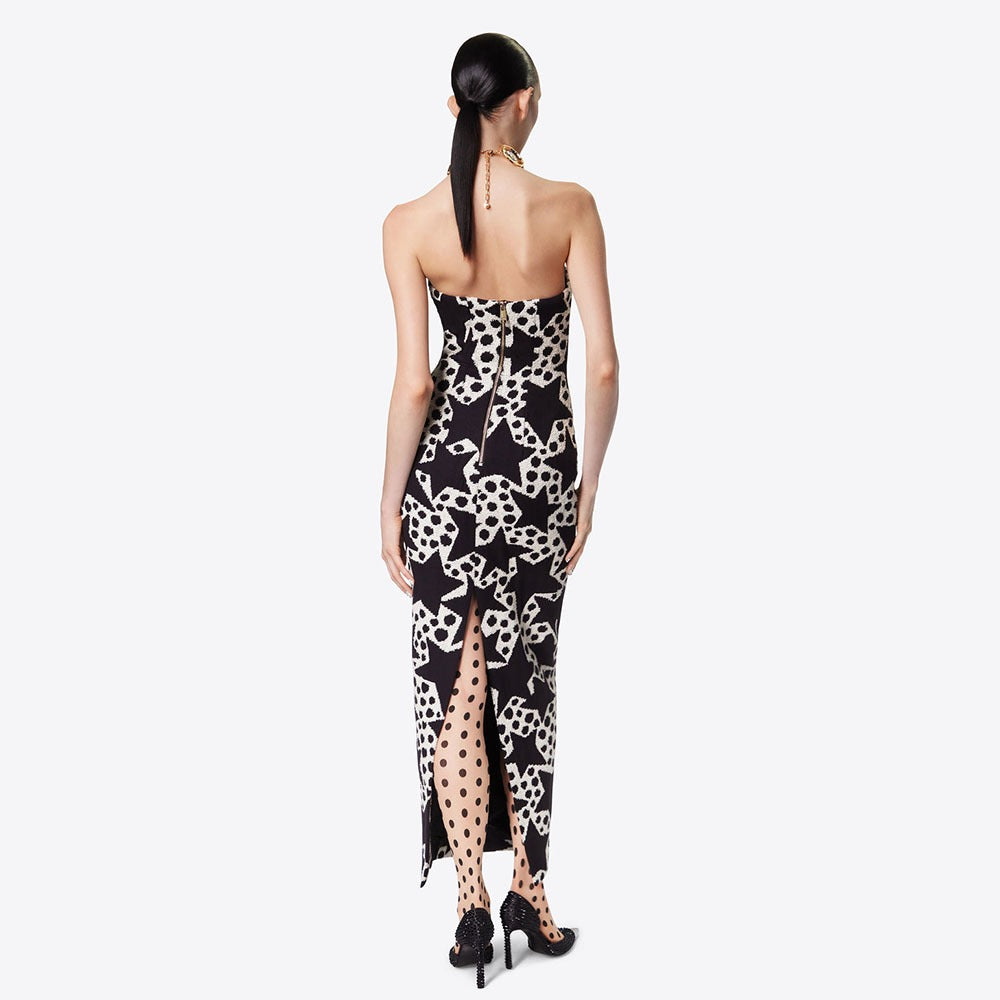 Off the shoulder split five pointed star print slim fitting temperament, socialite sexy dress dress dress