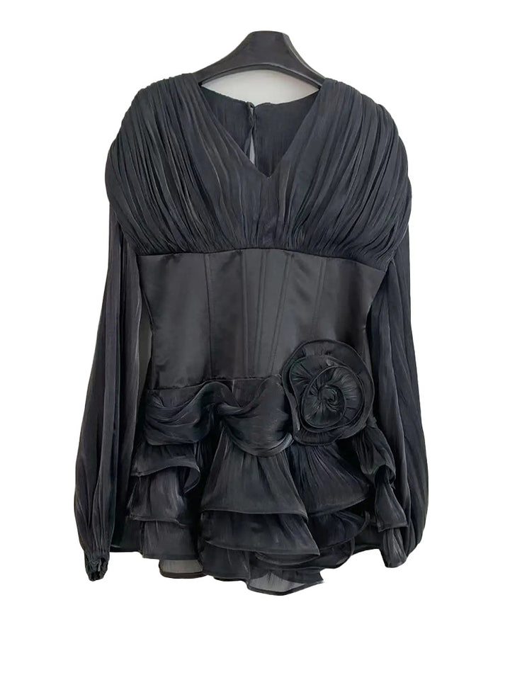 French Elegant Noble Ruffle Hem Short Dress V-Neck Bubble Sleeve 3D Flower Dress Summer Women
