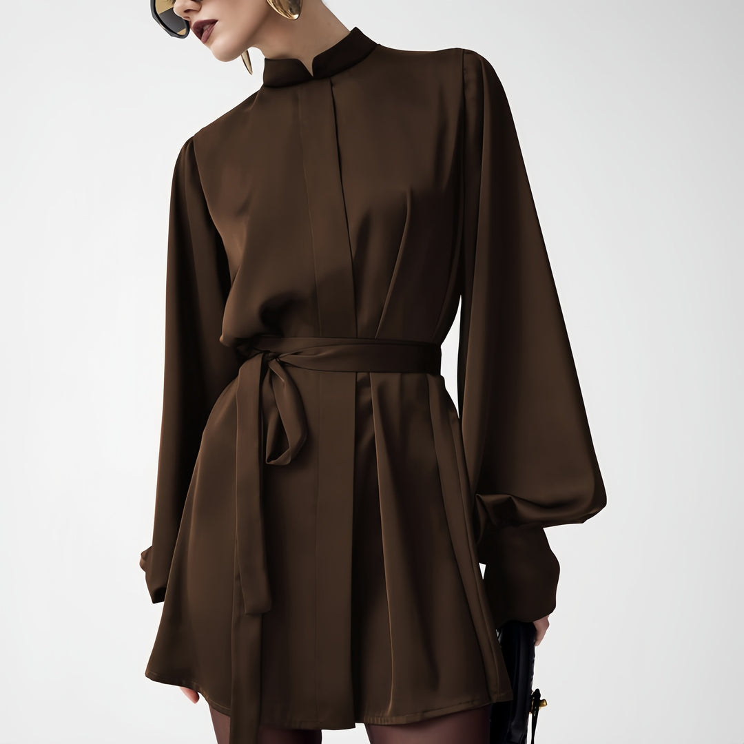 Elegant Satin Lantern Sleeve Loose Tie-Waist Dress